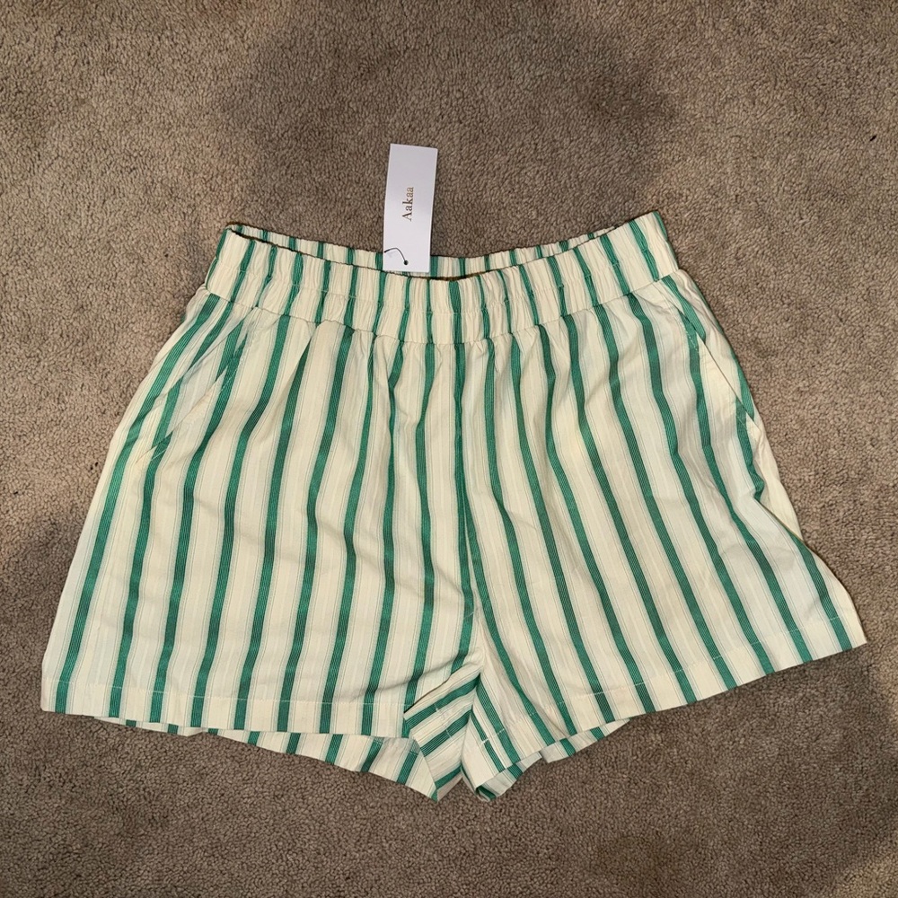 Aakaa Green and White Striped High Waist Women's Shorts